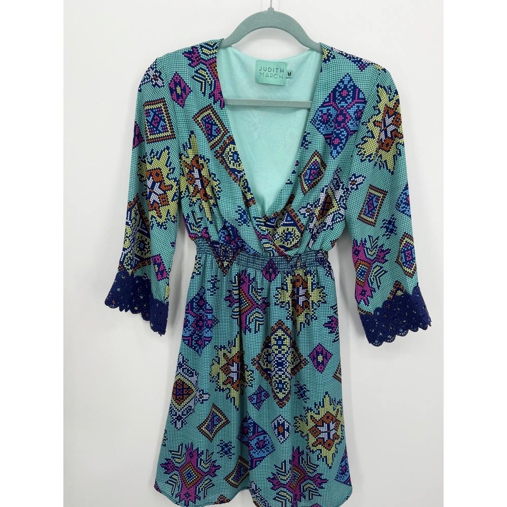 Judith March Dress Womens Medium Blue Geometric Lace Cuff V-Neck Shift